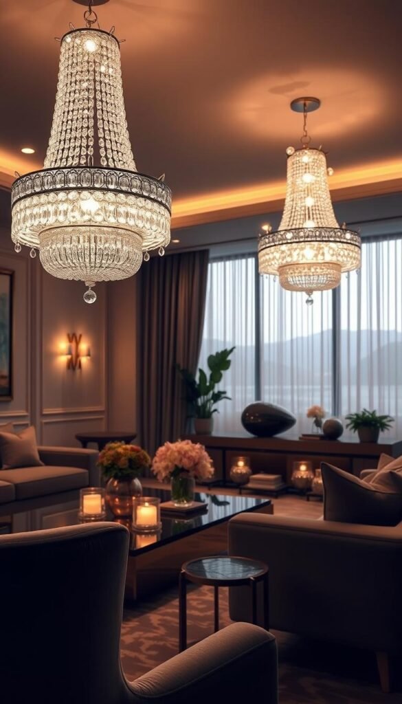 A dramatic layered lighting design for a modern glam living room. In the foreground, a pair of opulent crystal chandeliers cast a warm, shimmering glow over the space. In the middle ground, recessed ceiling lights and wall sconces provide targeted illumination, creating depth and dimension. The background features a large window framed by sheer curtains, allowing natural light to filter in and mix with the artificial lighting, generating a dreamy, ethereal atmosphere. The lighting is carefully curated to accentuate the luxurious textures, metallic accents, and rich color palette of the room, elevating the overall sense of glamour and sophistication.