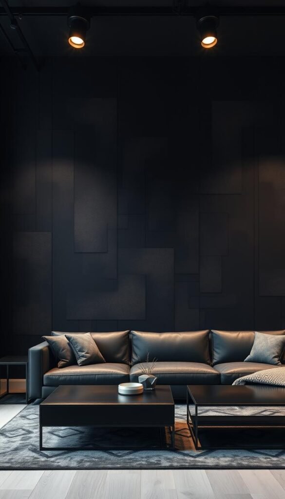 A dramatic, moody modern living room with a statement wall showcasing a bold, high-contrast wallpaper design. The wallpaper features an abstract geometric pattern in deep, rich colors that create a sense of depth and visual interest. The lighting is dramatic, with a mix of soft, indirect illumination and focused spotlights that highlight the textural details of the wallpaper. The overall atmosphere is one of sophisticated elegance and moodiness, with a touch of industrial chic.