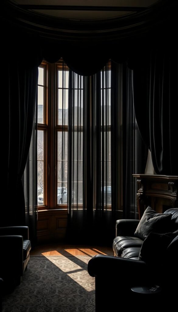 A dramatically lit living room scene, featuring a large bay window adorned with thick, opulent black curtains that drape elegantly, casting deep shadows across the moody, earthy-toned space. The curtains are made of luxurious velvet, their folds and textures accentuated by dramatic chiaroscuro lighting that emanates from hidden sources, creating a high-contrast, cinematic atmosphere. The window frame is solid wood, with intricate carved details that add to the room's stately, sophisticated ambiance. Minimal furnishings in dark tones, such as a plush leather sofa and armchair, complement the window treatments, while a cozy fireplace glows in the background, completing the dramatic, cocooning effect.