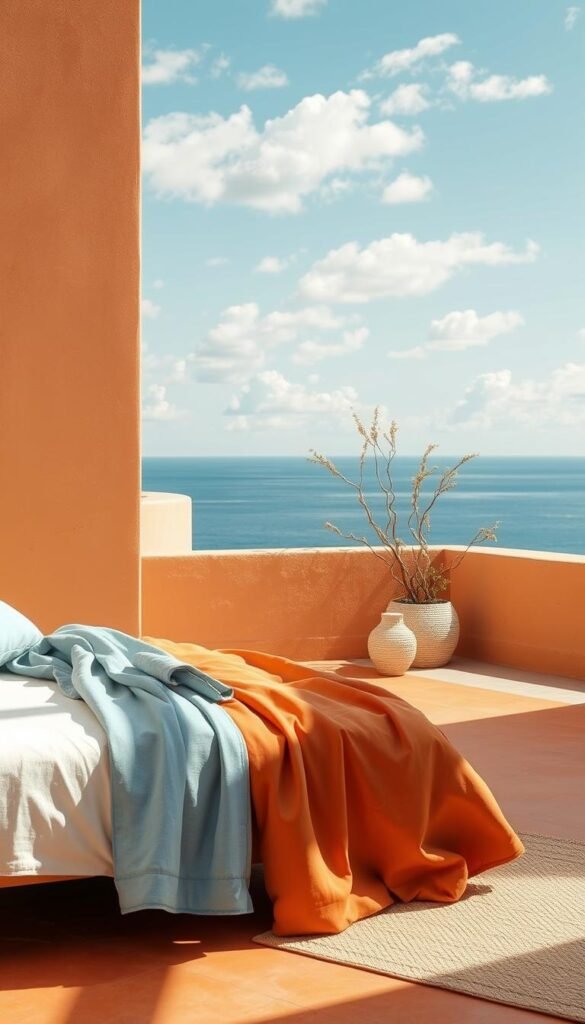 A dreamy, sun-drenched Mediterranean color palette, featuring a rich ochre, warm terracotta, soothing azure, and touches of crisp white. The foreground showcases a harmonious blend of these hues, creating a serene and inviting atmosphere. The middle ground offers a glimpse of textured stucco walls, casting soft shadows that play with the light. In the background, a distant horizon of azure blue skies and fluffy white clouds completes the tranquil, coastal-inspired scene. Captured with a wide-angle lens and natural lighting, this image evokes the essence of a modern Mediterranean bedroom, ready to inspire and guide your styling journey.