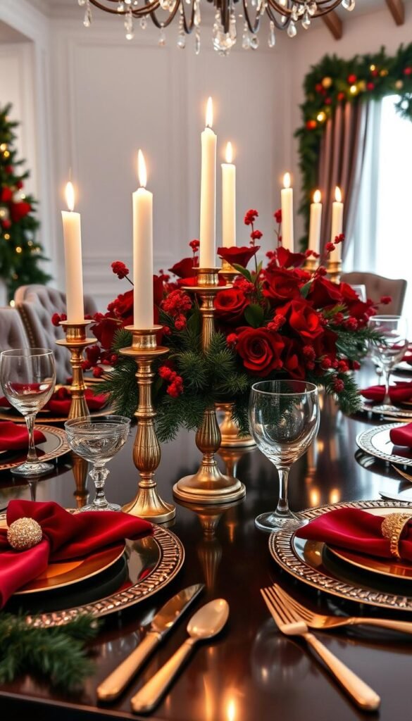 A festive holiday tablescape with a gleaming gold-trimmed centerpiece and a vibrant red floral arrangement. Elegant taper candles in ornate gold holders cast a warm glow, complemented by opulent red velvet napkins and chargers. Gilded flatware and crystal glassware shimmer under the soft lighting, creating an atmosphere of refined sophistication. The table is adorned with lush evergreen garlands and vibrant red berries, evoking the essence of a cozy, luxurious holiday gathering. A wide-angle lens captures the entire scene, showcasing the harmonious blend of rich colors and textures that transform the dining area into a stunning, festive display.