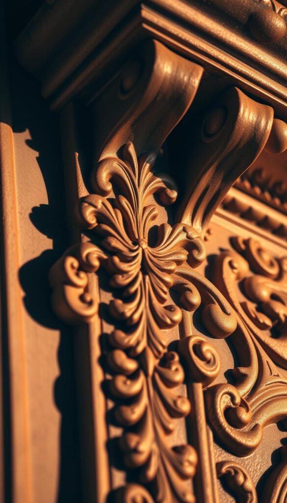 A finely detailed, high-resolution close-up of ornate Victorian architectural molding. The intricate design features delicate floral patterns, swirling scrolls, and ornamental flourishes cast in rich, warm tones. Soft, diffused lighting casts gentle shadows, accentuating the depth and texture of the carved wood or plaster. The image is captured at a slight angle, providing a sense of depth and dimensionality. The overall mood is one of elegant sophistication and timeless craftsmanship, perfectly suited to illustrate the architectural details that define the Victorian style.