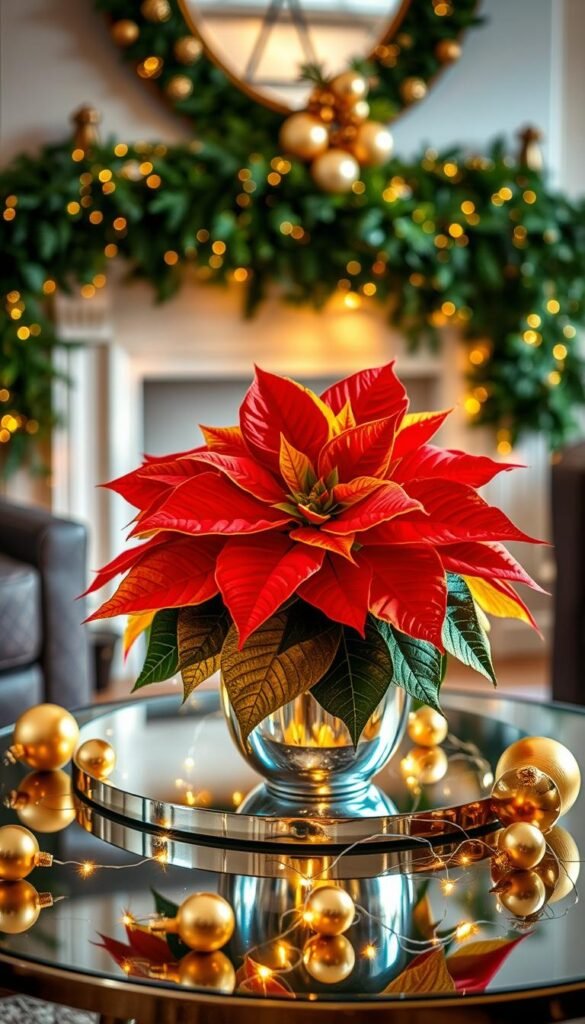 A gold-leafed poinsettia plant resting on a mirrored table, surrounded by glimmering gold ornaments and twinkling fairy lights. The poinsettia's scarlet bracts cast a warm glow, accentuated by the soft, directional lighting from above, creating a festive, glamorous scene. In the background, a lush, green garland with golden accents drapes across a mantel, adding depth and texture to the holiday-inspired tableau. The overall mood is one of elegant, luxurious cheer, perfectly suited for a festive living room.
