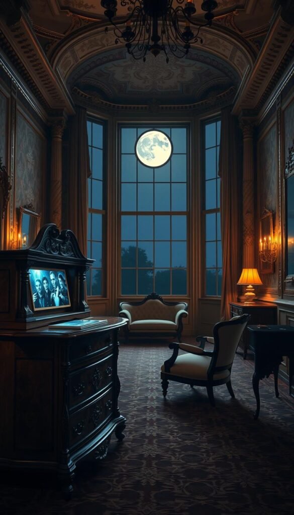 A grand Victorian parlor, its ornate furnishings and intricate wallpapers juxtaposed with sleek modern technology. In the foreground, an elegant escritoire with a holographic display and haptic interface, its polished wood and brass fittings blending seamlessly with the room's antique aesthetic. Ambient lighting casts a warm glow, illuminating the middle ground where a chaise lounge and armchairs await, their classic silhouettes updated with integrated touchscreens. The background reveals tall windows framing a night sky, the moonlight filtering through to create a contemplative, timeless atmosphere. This harmonious fusion of past and present evokes a sense of wonder and the infinite possibilities of blending modern innovation with timeless design.