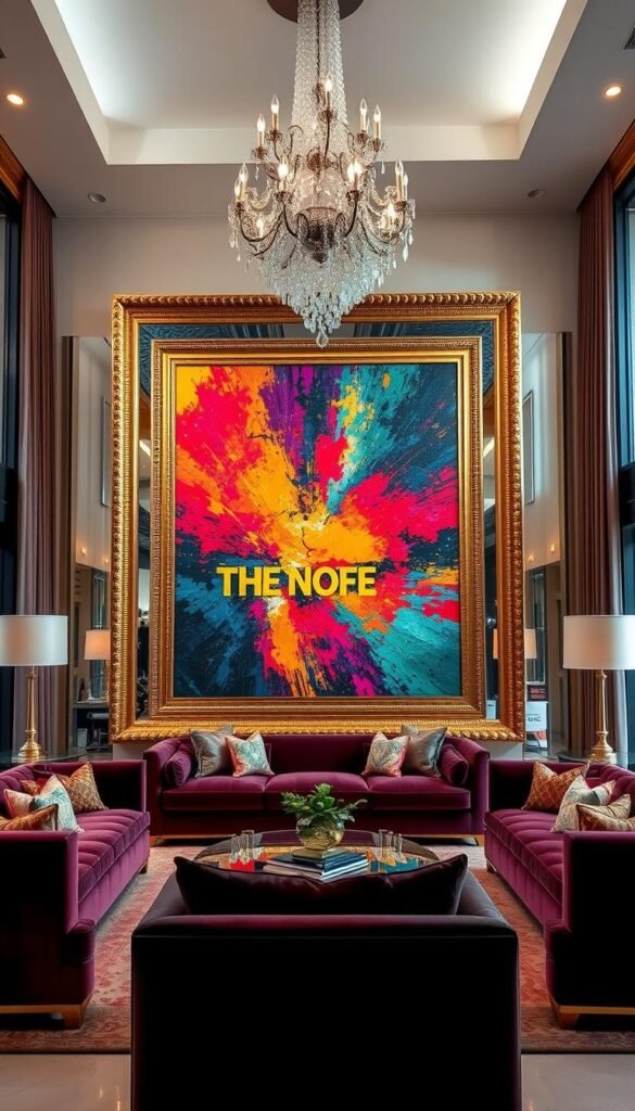 A grand and glittering wall-sized artwork adorns the center of a luxurious modern living room. Gleaming golden frames accentuate the vibrant abstract painting, commanding attention with its bold brushstrokes and dazzling colors. Plush velvet furnishings in jewel-toned hues surround the artwork, creating an opulent and inviting atmosphere. Sleek metal accents and a sparkling crystal chandelier above add to the glamorous ambiance, while warm lighting from concealed sources casts a flattering glow. The high-ceilinged space is framed by tall windows, allowing natural light to filter in and heighten the artwork's allure. This striking visual statement serves as the focal point, elevating the overall sophistication of the luxurious modern glam living room.