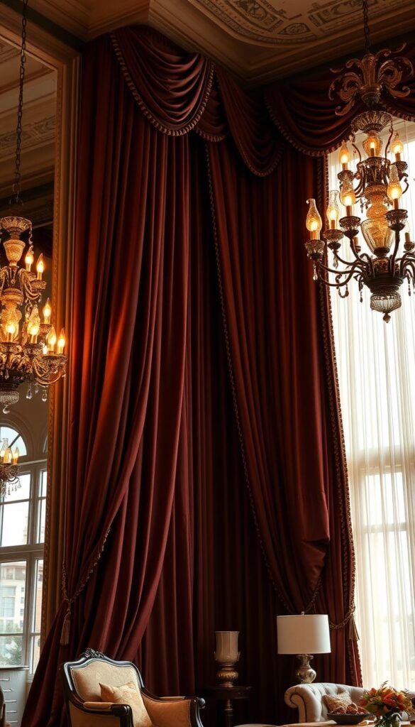 A grand and ornate European-style drapery in a luxurious living room setting. The heavy, flowing fabric in rich, jewel-toned colors cascades elegantly from high ceilings, creating an atmosphere of timeless sophistication. Delicate embroidered patterns and intricate trim details add a touch of classic elegance. Warm, soft lighting from ornate chandeliers casts a gentle glow, highlighting the sumptuous texture and luxurious sheen of the drapery. The overall scene exudes a sense of refined opulence and regal splendor, befitting a high-end, sophisticated living space. A grand and ornate European-style drapery in a luxurious living room setting. The heavy, flowing fabric in rich, jewel-toned colors cascades elegantly from high ceilings, creating an atmosphere of timeless sophistication. Delicate embroidered patterns and intricate trim details add a touch of classic elegance. Warm, soft lighting from ornate chandeliers casts a gentle glow, highlighting the sumptuous texture and luxurious sheen of the drapery. The overall scene exudes a sense of refined opulence and regal splendor, befitting a high-end, sophisticated living space.