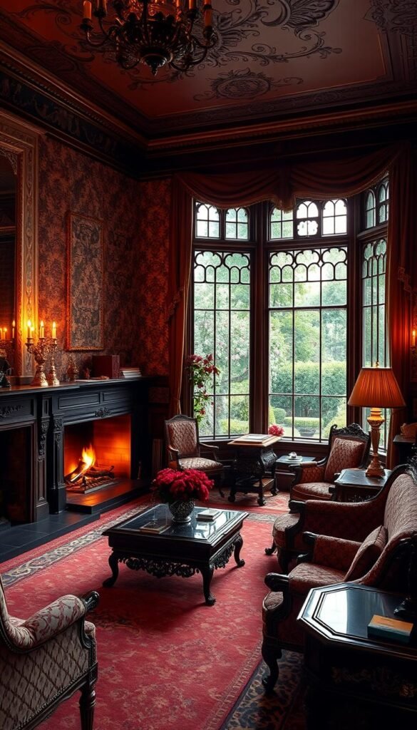 A grand and ornate Victorian drawing room, bathed in warm, soft lighting from ornate gas lamps and a crackling fireplace. Intricate wallpapers, plush velvet furniture, and antique wooden furnishings exude a sense of timeless elegance. Delicate floral patterns, gilded accents, and carved details showcase the meticulous craftsmanship and attention to detail that defined the Victorian design aesthetic. A large bay window provides a picturesque view of a lush garden, further accentuating the harmonious blend of indoor and outdoor elements. The overall scene evokes a sense of refined sophistication and a reverence for the past, capturing the essence of the Victorian design principles.