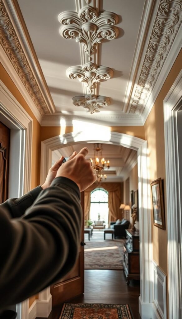 A grand entryway with ornate crown molding installation techniques showcased in intricate detail. The foreground features a close-up view of a skilled artisan meticulously applying the molding, their hands delicately manipulating the intricate trim. The middle ground showcases the molding's elegant profile, casting dramatic shadows that accentuate its architectural beauty. The background subtly reveals a luxurious, well-appointed room, hinting at the molding's ability to draw the eye upward and amplify the space's grandeur. Soft, warm lighting bathes the scene, creating a mood of refinement and sophistication. The composition is captured through a wide-angle lens, providing a comprehensive perspective on the installation process and the molding's transformative impact.