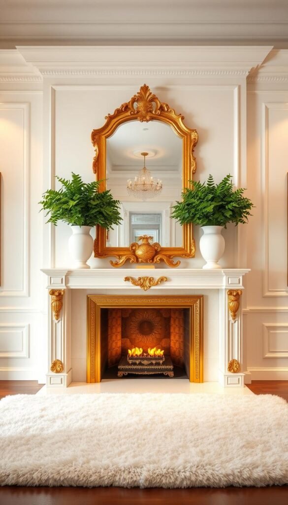 A grand, gold and white fireplace mantel takes center stage in a luxurious living room. The mantel is adorned with an ornate gold frame, flanked by two elegant white vases overflowing with lush greenery. Atop the mantel, a large gilded mirror reflects the warm, ambient lighting, creating a dazzling focal point. The surrounding walls are painted in a soft, creamy white, allowing the gold accents to shine. A plush, ivory area rug grounds the space, complementing the modern yet timeless design. The overall aesthetic evokes a sense of refined opulence, perfectly capturing the essence of a glamorous living room.