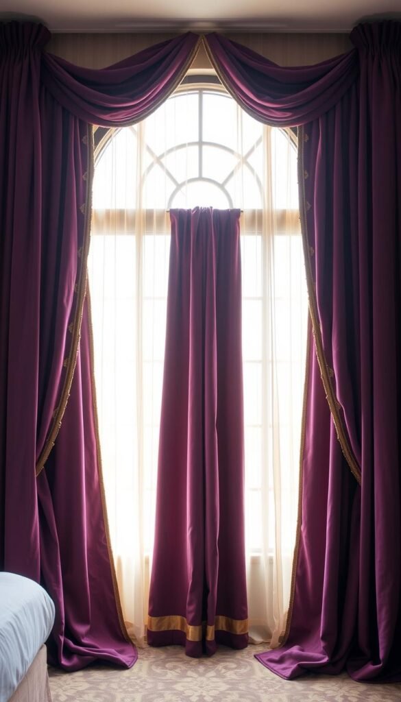A grand hotel-style window treatment that exudes sophisticated elegance. Flowing, floor-length velvet curtains in a deep, rich plum hue frame the large arched window, creating a dramatic focal point. The curtains are adorned with delicate gold embroidery along the edges, lending a touch of luxurious opulence. Soft, diffused lighting filters through the sheer, ivory-colored sheers that hang behind the velvet curtains, casting a warm, inviting glow throughout the space. The overall effect is one of refined grandeur, perfectly complementing the luxurious and serene atmosphere of a high-end hotel bedroom.