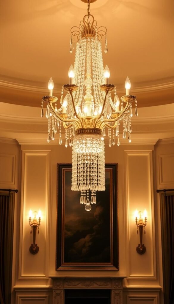 A grand living room bathed in a warm, golden glow. The centerpiece is a stunning chandelier, its elegant arms adorned with cascading crystals that refract the light into a mesmerizing display. Flanking the chandelier are two matching wall sconces, their metallic frames shimmering as if touched by the Midas touch. The overall effect is one of opulence and sophistication, creating an inviting and luxurious ambiance that sets the stage for a truly glamorous living space.