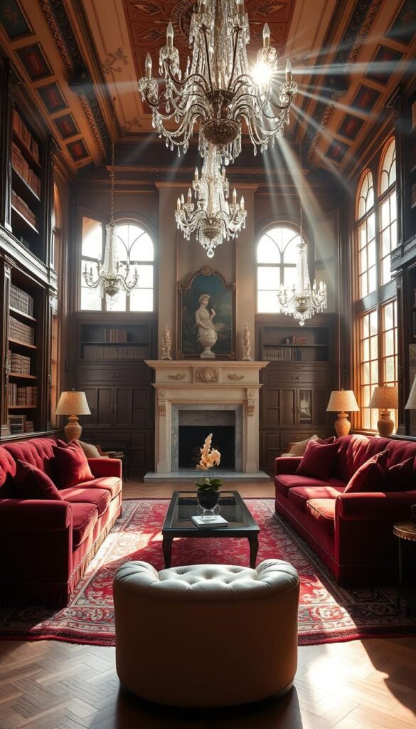 A grand, luxurious living room filled with timeless elegance. Sunlight streams through large windows, casting a warm, golden glow over the space. Plush, velvet sofas in a rich burgundy hue sit atop a thick, ornate area rug. Elegant crystal chandeliers hang overhead, their intricate designs reflecting light throughout the room. Ornate, wooden bookshelves line the walls, housing leather-bound volumes and decorative accents. A marble fireplace stands as the centerpiece, its mantel adorned with delicate, antique vases. The room exudes a sense of refined sophistication, blending classic and contemporary elements to create a truly timeless ambiance.