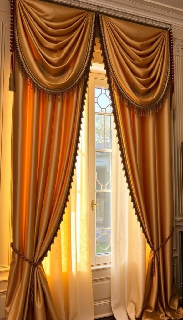 A grand, luxurious window treatment with cascading, shimmering drapes adorned with intricate embroidery and tasseled trimmings. The fabric has a rich, velvety texture that catches the warm glow of the afternoon sun filtering through. Sleek, gilded curtain rods and finials add a touch of opulence, while the window frame is adorned with ornate moldings. The overall effect is one of refined elegance, creating a cozy and inviting atmosphere perfect for a modern, sophisticated bedroom retreat. A grand, luxurious window treatment with cascading, shimmering drapes adorned with intricate embroidery and tasseled trimmings. The fabric has a rich, velvety texture that catches the warm glow of the afternoon sun filtering through. Sleek, gilded curtain rods and finials add a touch of opulence, while the window frame is adorned with ornate moldings. The overall effect is one of refined elegance, creating a cozy and inviting atmosphere perfect for a modern, sophisticated bedroom retreat.