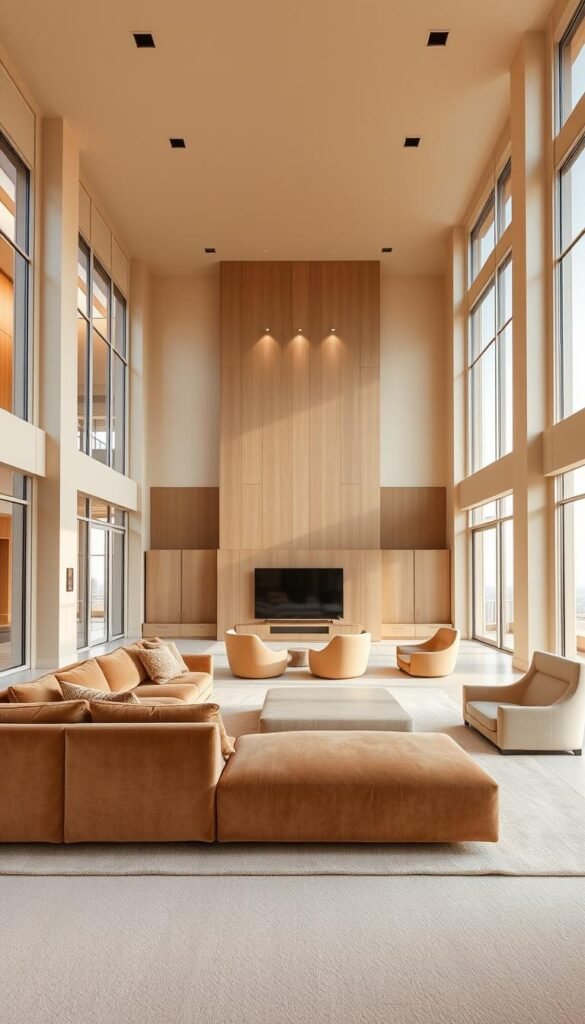 A grand, modern living room with soaring ceilings and expansive windows, bathed in warm, natural light. In the spacious foreground, a large, plush sectional sofa and an oversized, minimalist coffee table dominate the scene, their scale carefully proportioned to the room's generous dimensions. Complementing this, a pair of sculptural, high-backed armchairs and a sleek entertainment unit fill the middle ground, their clean lines and substantial forms creating a harmonious visual balance. In the background, a sizable, modular bookshelf or media console anchors the space, its towering presence echoing the lofty architecture. The overall atmosphere is one of refined elegance and effortless luxury, inviting the viewer to imagine relaxing in this grand, yet inviting living area.