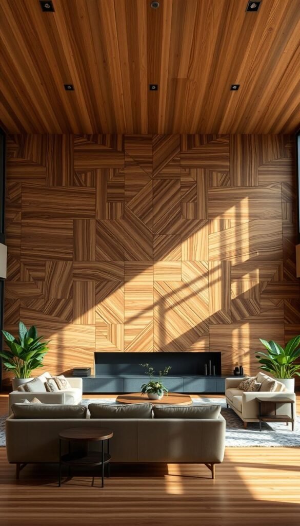 A grand, modern wood feature wall with intricate, geometric patterns and a warm, natural palette. The wall is the focal point of a luxurious living room, bathed in soft, directional lighting that accentuates the textures and shadows. The wood panels are arranged in a visually striking, asymmetric layout, creating a captivating, abstract design. The room has a high ceiling, allowing the wall to be the centerpiece, complemented by plush, mid-century modern furnishings and lush potted plants. An atmosphere of refined elegance and sophisticated minimalism pervades the space.