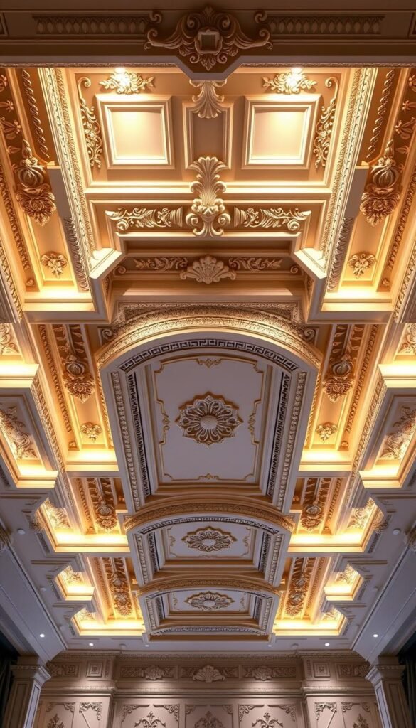 A grand, multi-tiered pop ceiling design, with ornate moldings and intricate geometric patterns cascading in layers. Warm, directional lighting casts gentle shadows, accentuating the architectural depth and creating an atmosphere of timeless elegance. The design features a central recessed panel framed by stepped tiers, each level adorned with delicate trims and embellishments. Soft, ambient illumination highlights the interplay of light and shadow, evoking a sense of grandeur and sophistication befitting a stately living room. The overall composition exudes a harmonious balance of classical and contemporary elements, creating a visually captivating and harmonious design.