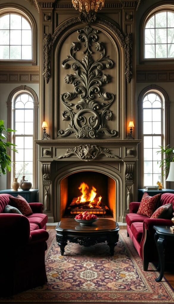 A grand, opulent fireplace takes center stage in this cozy yet sophisticated Victorian-inspired living room. The fireplace's ornate mantel, carved with intricate floral motifs, stands as a stunning focal point, flanked by elegant sconces casting a warm, ambient glow. The fireplace's crackling flames dance within an arched, stone surround, creating an inviting and elegant atmosphere. Plush, velvet seating in a rich burgundy hue creates a luxurious seating area, complemented by a patterned area rug and ornate side tables. Tall windows allow natural light to pour in, illuminating the space and highlighting the fireplace's grand presence. Lush greenery and a touch of gold accents add a refined, timeless touch to this captivating living room design.