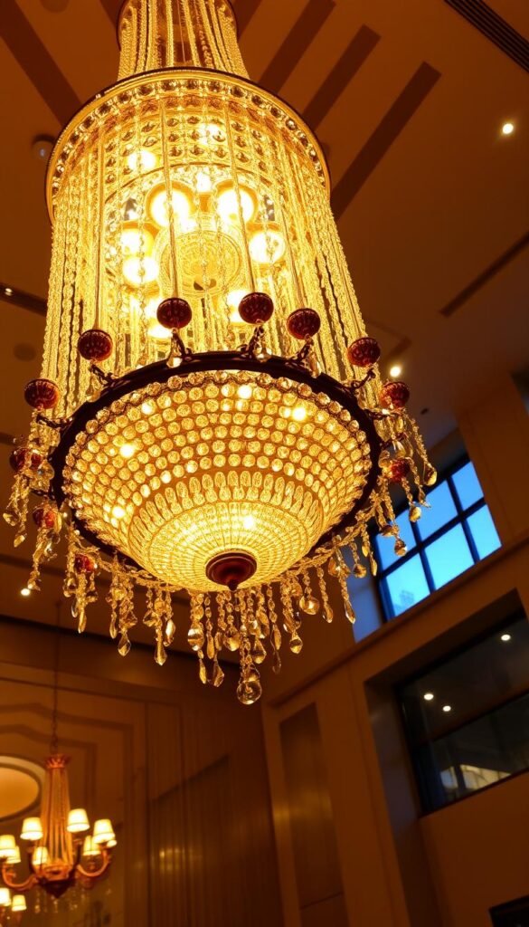 A grand, ornate chandelier design with opulent, cascading crystals suspended from a high ceiling. The focal point is a dramatic central glass or metal fixture, adorned with intricate patterns and warm, glowing light bulbs. The chandelier casts a warm, luxurious ambiance, accentuating the height and grandeur of the space. The lighting design features a mixture of direct and indirect illumination, creating depth and dimension. The overall aesthetic is one of sophisticated elegance, befitting a high-end residential or commercial interior.