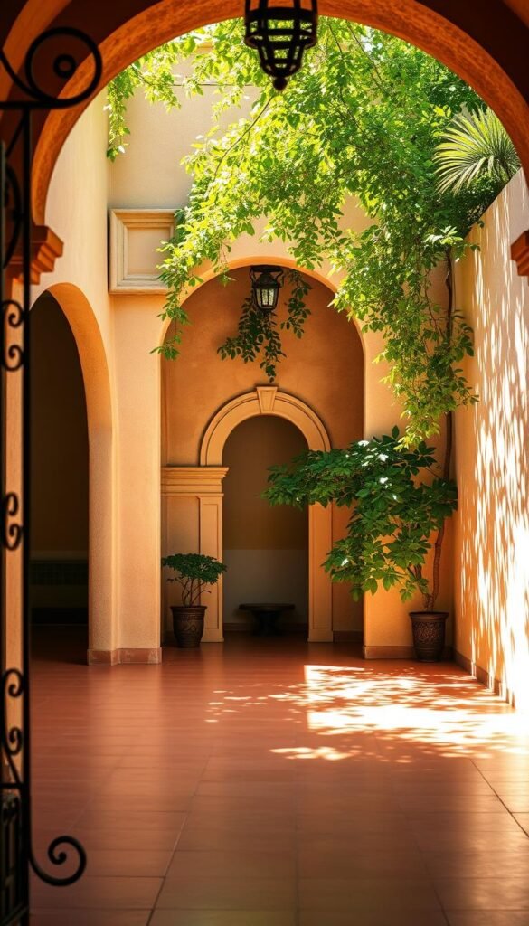 A grand, sun-dappled Spanish hacienda with gracefully arched doorways leading into airy, light-filled niches. The foreground showcases delicate wrought-iron details and the warm terracotta tile floor. In the middle ground, ornate plaster moldings frame the recessed alcoves, casting soft shadows. The background features lush, verdant foliage spilling through the open archways, creating a serene, nature-infused ambiance. Warm, golden rays of light filter in, illuminating the textured stucco walls and lending a timeless, romantic atmosphere. Captured with a wide-angle lens to emphasize the grand scale and architectural elegance.
