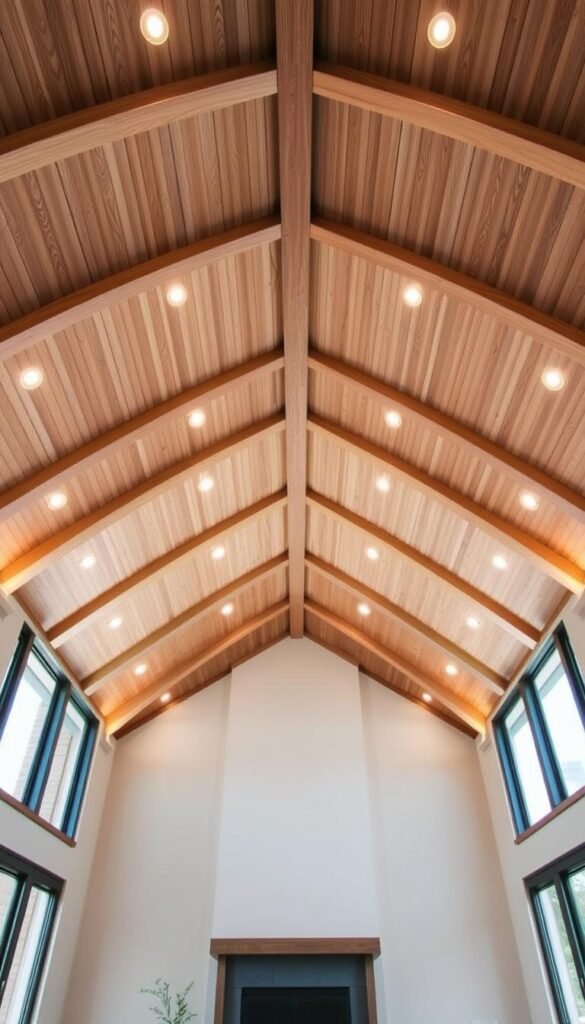 A grand vaulted ceiling, its arched beams creating an expansive, airy atmosphere. The warm glow of recessed lighting casts a soft, inviting ambiance, highlighting the intricate wood detailing that lines the high ceiling. Tall windows flank the space, allowing natural light to flood in and create a sense of openness. The room exudes an elegant, timeless sophistication, perfect for a modern luxury living area. A hint of contemporary decor, such as a sleek fireplace and minimal furnishings, complement the architectural grandeur of the vaulted design. A grand vaulted ceiling, its arched beams creating an expansive, airy atmosphere. The warm glow of recessed lighting casts a soft, inviting ambiance, highlighting the intricate wood detailing that lines the high ceiling. Tall windows flank the space, allowing natural light to flood in and create a sense of openness. The room exudes an elegant, timeless sophistication, perfect for a modern luxury living area. A hint of contemporary decor, such as a sleek fireplace and minimal furnishings, complement the architectural grandeur of the vaulted design.