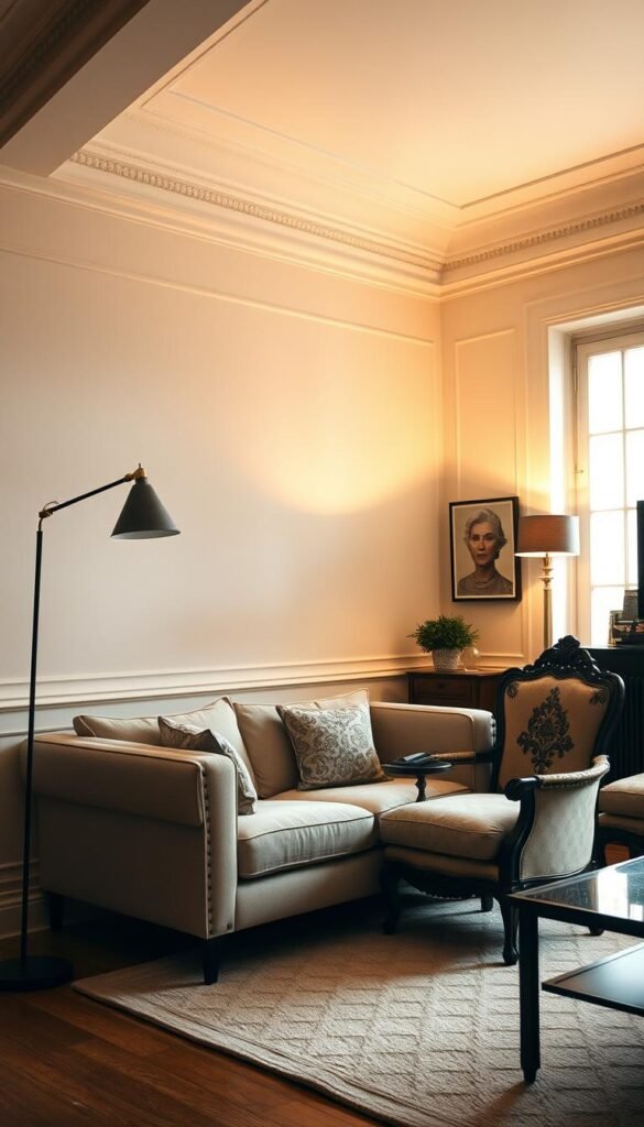 A high-ceilinged Parisian living room, where a modern, minimalist sofa in a neutral tone sits in juxtaposition with an ornate, antique armchair adorned with intricate carvings. Soft, warm lighting casts a cozy glow, highlighting the interplay of old and new. The walls are a soft, muted shade, allowing the furniture to take center stage. In the corner, a mid-century modern floor lamp stands tall, creating a harmonious contrast with the classic elements. The overall scene conveys a sense of timeless elegance, where the past and present effortlessly coexist.