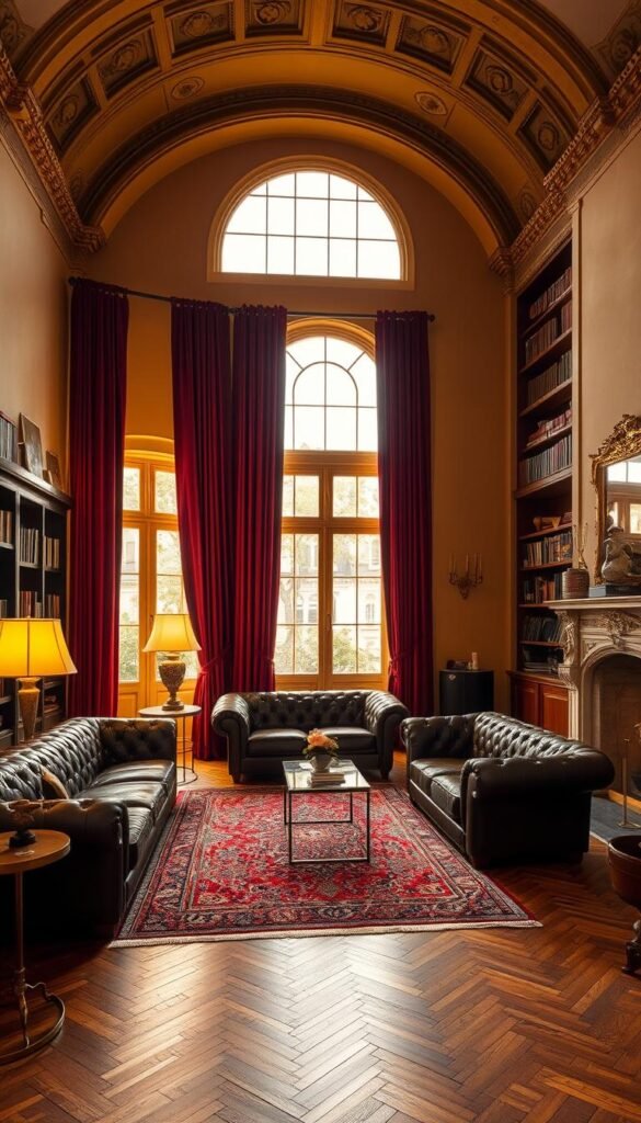 A high-ceilinged Parisian living room with herringbone oak floors, bathed in warm golden light from a large arched window. Lush velvet curtains in a deep burgundy frame the view, while a pair of tufted chesterfield sofas in distressed leather invite relaxation. Antique brass floor lamps cast a soft glow, illuminating intricately patterned Persian rugs and an ornate marble fireplace mantel. Shelves are lined with leather-bound books and decorative objets d'art, creating an atmosphere of sophisticated, timeless elegance.