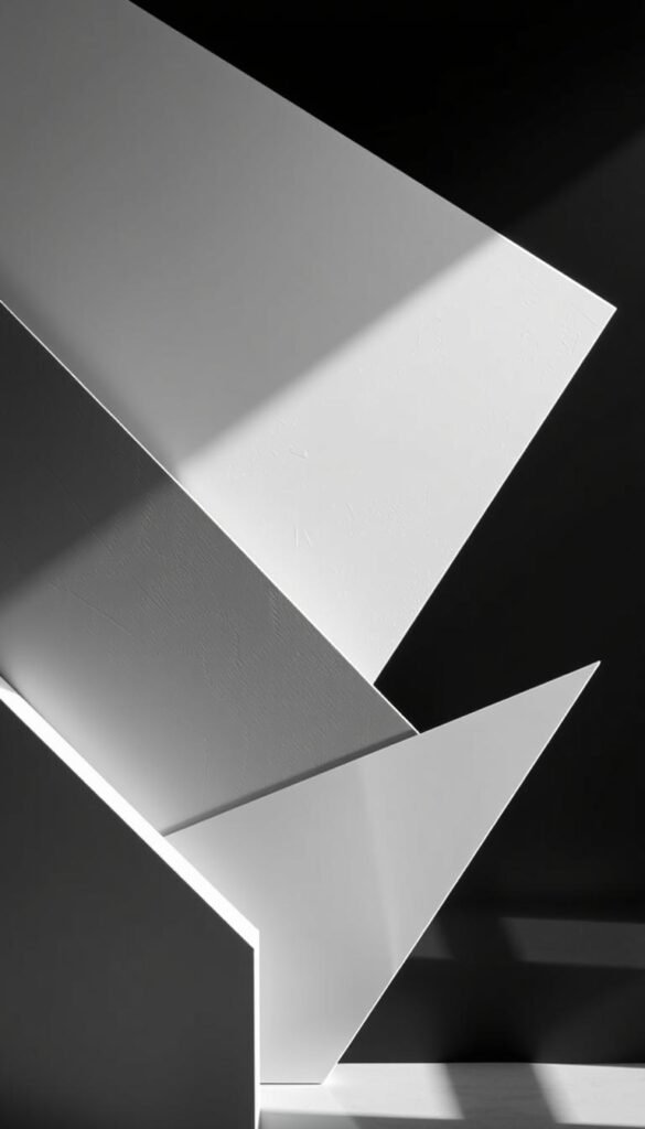 A high-contrast black and white modern statement wall art piece, with a minimalist geometric design. The foreground features sharp, angular lines and shapes in varying shades of gray, creating a bold, graphic aesthetic. The middle ground has a subtle textural effect, adding depth and dimension to the piece. The background is a pure, solid black, providing a clean and dramatic contrast. Crisp, directional lighting casts dramatic shadows, emphasizing the sculptural quality of the artwork. The overall mood is sleek, sophisticated, and visually impactful, perfectly suited to elevate a modern bedroom interior.