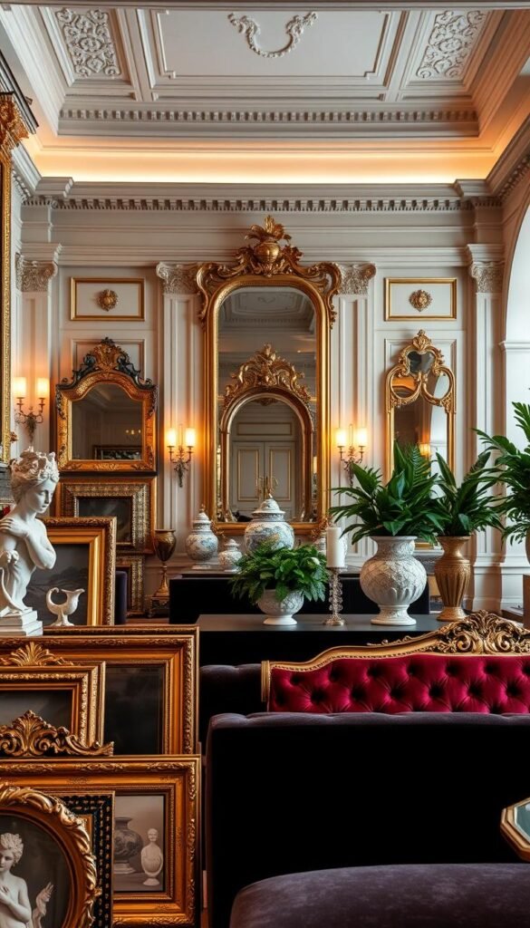 A high-end luxury wall decor collection with a refined, elegant aesthetic. In the foreground, a curated arrangement of gilded frames, intricate sculptures, and plush velvet furnishings. The middle ground features ornate mirrors, hand-crafted ceramics, and lush greenery in opulent vases. The background showcases a grand, chiaroscuro-lit room with striking architectural details and a warm, inviting ambiance. The lighting is soft and indirect, creating a sense of sophistication and exclusivity. The overall composition conveys a harmonious balance of classical and contemporary design elements, evoking a refined, high-end living space.