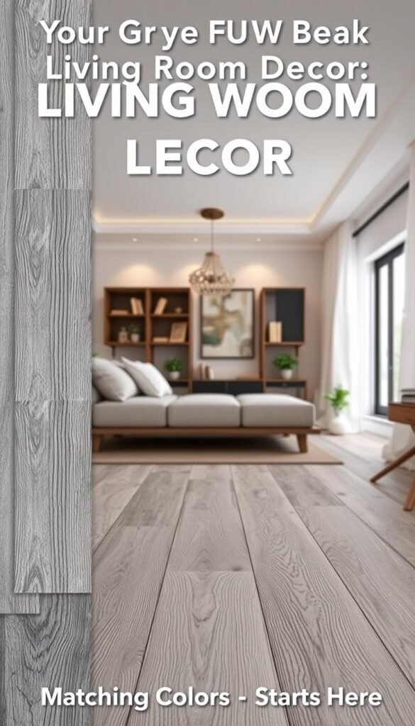 A high-resolution, photorealistic image of various types of gray wood floors in a living room setting. The foreground features close-up shots of different wood textures, grains, and shades of gray, showcasing the natural beauty and unique characteristics of each type. The middle ground depicts a well-lit living room space with the gray wood floors seamlessly blending with the decor, highlighting how these floors can complement a wide range of interior styles. The background subtly suggests a cozy, inviting atmosphere with warm lighting, creating a harmonious and visually appealing scene that inspires ideas for matching colors and decor. The image captures the essence of "Your Gray Wood Floors Living Room Decor: Matching Colors Guide Starts Here."