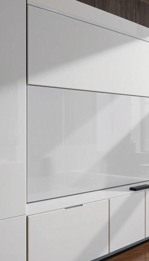 A highly polished and glossy modern TV unit, set against a backdrop of luxurious textures and sleek lines. The unit's surface reflects the room's ambient lighting, creating a mesmerizing play of highlights and shadows. Smooth, reflective panels made of high-quality materials such as lacquered wood or tempered glass form the centerpiece, framed by clean-cut geometric shapes. Subtle chrome or metallic accents add a touch of refined elegance. The overall composition exudes a sense of refined sophistication and understated opulence, perfectly suited for a minimalist yet indulgent living space. A highly polished and glossy modern TV unit, set against a backdrop of luxurious textures and sleek lines. The unit's surface reflects the room's ambient lighting, creating a mesmerizing play of highlights and shadows. Smooth, reflective panels made of high-quality materials such as lacquered wood or tempered glass form the centerpiece, framed by clean-cut geometric shapes. Subtle chrome or metallic accents add a touch of refined elegance. The overall composition exudes a sense of refined sophistication and understated opulence, perfectly suited for a minimalist yet indulgent living space.