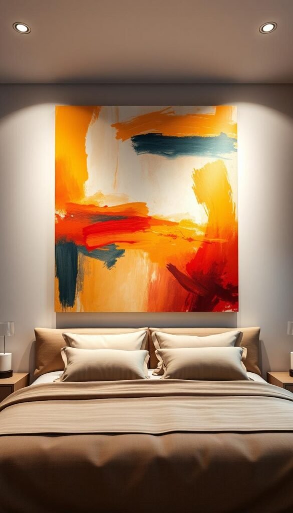 A large, abstract canvas dominates the bedroom wall above the bed, its vibrant brushstrokes and bold colors commanding attention. The painting features a harmonious blend of warm and cool tones, creating a striking visual statement. The artwork is bathed in soft, directional lighting, accentuating the depth and texture of the brushwork. The bed is positioned below, creating a cohesive, gallery-like display that showcases the artwork as the room's central focal point. The overall atmosphere is one of modern sophistication and refined elegance, inviting the viewer to pause and appreciate the artful composition.