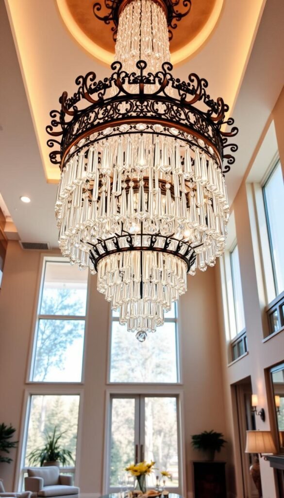 A large, opulent crystal chandelier hangs gracefully from the high-ceilinged living room, casting a warm, ambient glow. The intricate metalwork frames numerous glimmering glass prisms that refract the light, creating a mesmerizing dance of sparkles. The chandelier's grand scale complements the spacious, luxurious decor, anchoring the room with its elegant presence. Diffuse lighting filters through the surrounding windows, illuminating the room with a soft, natural radiance. The overall effect is one of refined sophistication, showcasing the perfect balance of size and style for this modern luxury living space. A large, opulent crystal chandelier hangs gracefully from the high-ceilinged living room, casting a warm, ambient glow. The intricate metalwork frames numerous glimmering glass prisms that refract the light, creating a mesmerizing dance of sparkles. The chandelier's grand scale complements the spacious, luxurious decor, anchoring the room with its elegant presence. Diffuse lighting filters through the surrounding windows, illuminating the room with a soft, natural radiance. The overall effect is one of refined sophistication, showcasing the perfect balance of size and style for this modern luxury living space.
