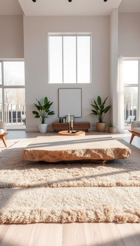 A large, rectangular stone coffee table resting on a plush, neutral-toned area rug in the center of a modern, minimalist living space. The room is flooded with natural light from floor-to-ceiling windows, casting a warm, earthy glow on the stone's rough, textured surface. Sleek, wooden accent pieces and potted plants surround the table, creating a harmonious, nature-inspired atmosphere. The room's clean lines, muted color palette, and use of natural materials evoke a sense of tranquility and understated elegance. A large, rectangular stone coffee table resting on a plush, neutral-toned area rug in the center of a modern, minimalist living space. The room is flooded with natural light from floor-to-ceiling windows, casting a warm, earthy glow on the stone's rough, textured surface. Sleek, wooden accent pieces and potted plants surround the table, creating a harmonious, nature-inspired atmosphere. The room's clean lines, muted color palette, and use of natural materials evoke a sense of tranquility and understated elegance.