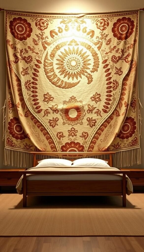 A large, richly textured wall hanging dominates the foreground, its organic patterns and earthy hues creating a striking focal point. The artwork fills the frame, its scale commanding attention. Soft, diffused lighting from an unseen source casts a warm glow, accentuating the depth and tactility of the piece. In the middle ground, a minimalist wooden bedframe and nightstands provide a simple, grounding counterpoint. The background features a neutral, earthy-toned wall, allowing the artwork to take center stage. An overall mood of natural, bohemian elegance pervades the scene, creating a serene and inviting ambiance.