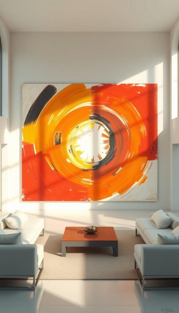 A large, statement-making abstract artwork dominates the center of a minimalist, light-filled room. The painting features bold, expressive brushstrokes in a vibrant palette that draws the eye inward, creating a sense of depth and expansion. Warm, natural lighting filters in through large windows, casting a soft, diffused glow and casting subtle shadows that accentuate the textural quality of the art. The room's neutral, monochromatic palette allows the artwork to be the focal point, while sleek, modern furnishings and clean lines reinforce the perception of an open, airy space. The overall composition evokes a serene, contemplative atmosphere that invites the viewer to engage with the artwork and experience the room in a new, expanded way.