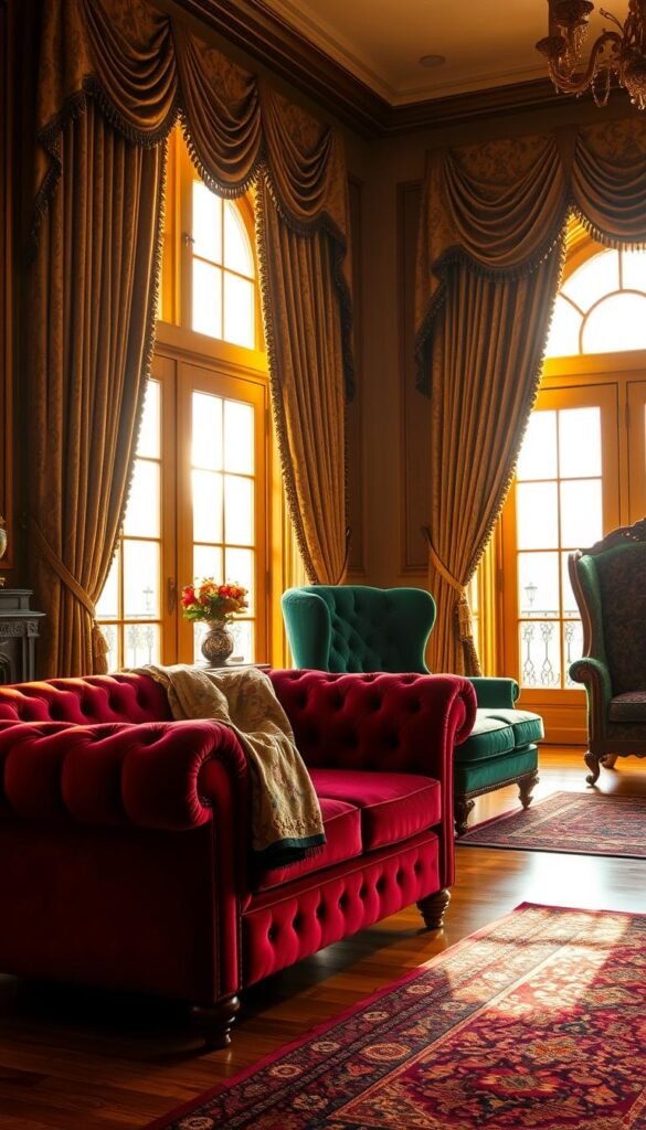 A lavish Victorian-inspired living room, bathed in warm, golden light filtering through tall windows. In the foreground, a plush velvet chesterfield sofa in a deep, sumptuous burgundy, accented with hand-tufted button detailing. Draped over the back, a heavy, shimmering brocade throw in a intricate floral pattern. Nearby, an ornate, high-backed armchair upholstered in a luxurious emerald green velvet, its surface catching the light to create an almost velvety sheen. In the middle ground, a Persian-style rug in rich, saturated hues covers the polished hardwood floor, its thick pile inviting bare feet. In the background, heavy curtains in a luxurious damask pattern frame the windows, their sumptuous folds casting dramatic shadows. An overall atmosphere of refined elegance and opulence.