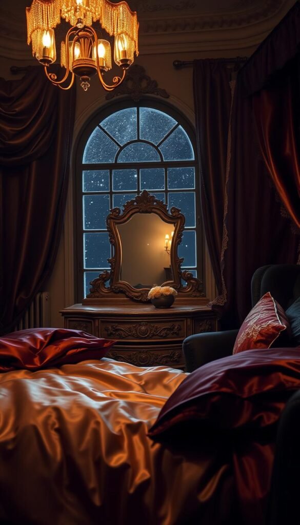 A lavish, boudoir-inspired bedroom scene, dimly lit with warm, golden overhead lighting casting a soft, romantic glow. Luxurious fabrics in shimmering satin and plush velvet textures adorn the space, cascading elegantly across a sumptuous, canopied bed. Plush throw pillows in deep jewel tones and delicate lace accents create an inviting, sensual atmosphere. The middle ground features a weathered, antique dresser with intricate carvings, topped with a vintage mirror reflecting the dreamy, intimate setting. In the background, a ornate, arched window frames a starry night sky, adding to the sense of cozy, private luxury.