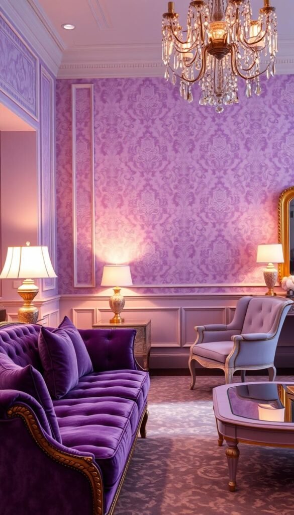A lavish lavender living room showcasing statement furniture pieces. In the foreground, a plush, deep purple velvet sofa with ornate gold trim sits elegantly. Beside it, an intricately carved lavender wood armchair with a high back and fluted legs commands attention. In the middle ground, a low lavender coffee table with a glass top reflects the soft lighting from a pair of gold-accented table lamps. The background features a wall adorned with lavender damask wallpaper, casting a serene, feminine ambiance. Warm, diffused lighting from a crystal chandelier above bathes the scene in a cozy, relaxing glow. The overall composition exudes a sense of refined luxury and tranquil sophistication.