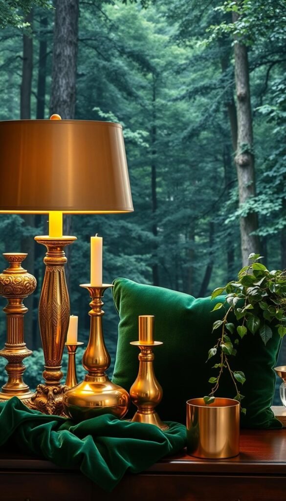 A lavish still life arrangement featuring a centerpiece of lush forest green velvet and brass and gold accents. In the foreground, an ornate brass table lamp with a gilded shade casts a warm, inviting glow. Surrounding it are a collection of sculptural brass and gold decor pieces - a large, gleaming candlestick, a decorative vase, and several small accent pieces. In the middle ground, a plush forest green velvet throw pillow rests on a dark wooden surface, complemented by a trailing ivy plant in a brass pot. The background is filled with a verdant, densely wooded forest, creating a sense of depth and natural opulence. Soft, directional lighting from an unseen source highlights the luxurious textures and metallic tones, elevating the scene to one of refined, elegant sophistication.