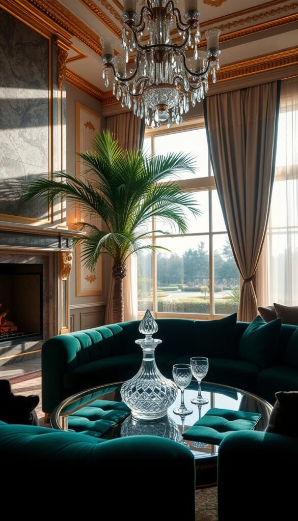 A lavish, sun-drenched living room with a towering marble fireplace, framed by ornate gold-leafed moldings. In the foreground, a sumptuous velvet sofa in a deep emerald hue, accented with plush throw pillows. On the coffee table, a crystal decanter and matching glasses glimmer under the soft, diffused lighting from a grand crystal chandelier overhead. In the middle ground, a lush potted palm tree casts dramatic shadows, while large windows draped in shimmering silk curtains offer a glimpse of a manicured garden beyond. The atmosphere exudes an air of sophisticated elegance and refined opulence.