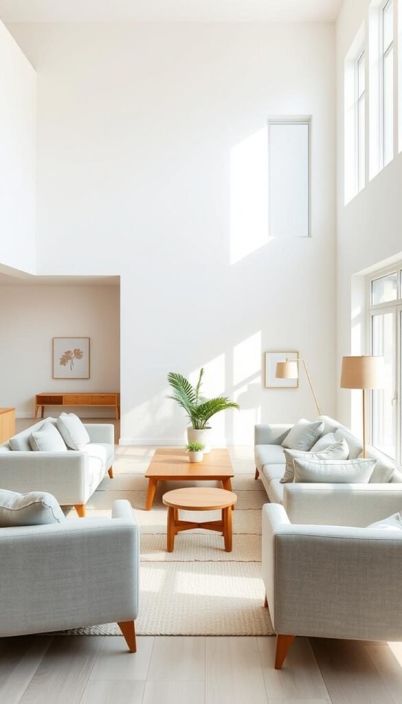 A light-filled, airy living room with neutral tones and minimal furnishings. The room has large windows that flood the space with natural daylight, casting a warm, soft glow. In the foreground, a plush, light gray sofa anchors the design, complemented by a pair of armchairs in a matching hue. Wooden end tables and a low-profile coffee table add natural elements, while a neutral-toned rug and minimalist wall decor create a sense of serenity. The middle ground features a potted plant and a floor lamp with a linen shade, while the background showcases plain white walls and high ceilings, lending an effortless, tranquil atmosphere. Captured with a wide-angle lens to emphasize the room's spaciousness and openness.