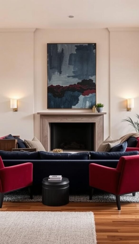 A living room bathed in the soft glow of subtle jewel tones. A muted sapphire sofa takes center stage, its deep hue accentuated by plush velvet upholstery. Complementing it, a pair of ruby-red armchairs sit nestled in the corners, their jewel-like tones adding depth and richness to the space. The walls are painted in a pale, earthy tone, providing a neutral backdrop that allows the jewel-toned furniture to shine. Soft, diffused lighting from minimalist sconces casts a warm, inviting ambiance, while a large, abstract artwork in muted shades of blue and burgundy hangs above the fireplace, tying the entire scene together. Hardwood floors and a plush, textured rug complete the modern, minimalist aesthetic, creating a cozy and sophisticated living environment.
