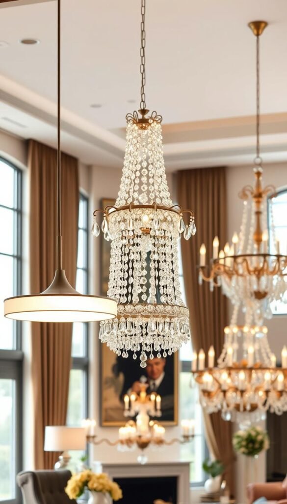 A living room featuring an elegant arrangement of different chandelier styles, from minimalist to maximalist. In the foreground, a sleek, modern pendant light with clean lines and a soft, diffused glow. In the middle ground, a grand, cascading crystal chandelier with intricate, faceted prisms that refract the light in a dazzling display. In the background, a large, ornate chandelier with sweeping arms and an abundance of candle-like bulbs, creating a warm, luxurious ambiance. Soft, natural lighting filters in through large windows, casting a gentle, ethereal illumination throughout the space. The room exudes a sense of refined sophistication and opulence, inviting the viewer to explore the interplay of light and form. A living room featuring an elegant arrangement of different chandelier styles, from minimalist to maximalist. In the foreground, a sleek, modern pendant light with clean lines and a soft, diffused glow. In the middle ground, a grand, cascading crystal chandelier with intricate, faceted prisms that refract the light in a dazzling display. In the background, a large, ornate chandelier with sweeping arms and an abundance of candle-like bulbs, creating a warm, luxurious ambiance. Soft, natural lighting filters in through large windows, casting a gentle, ethereal illumination throughout the space. The room exudes a sense of refined sophistication and opulence, inviting the viewer to explore the interplay of light and form.