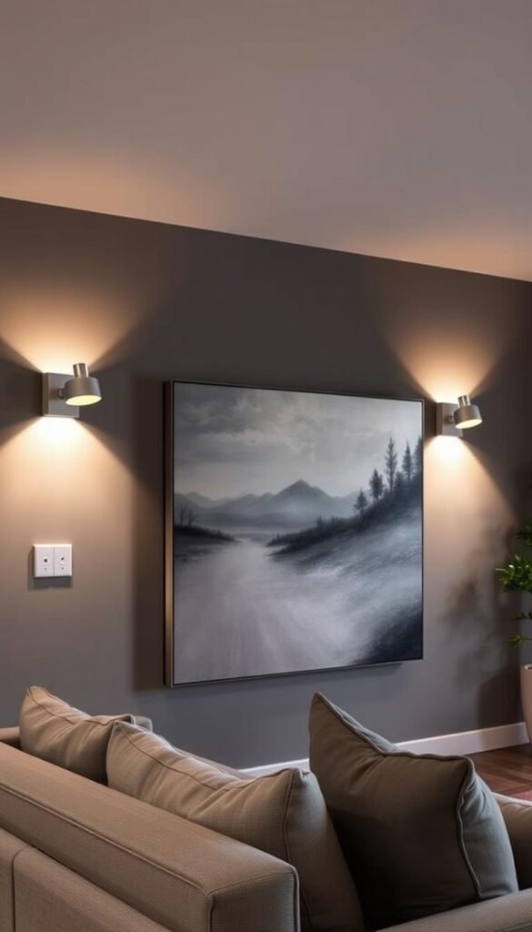 A living room with a pair of modern wall sconces strategically illuminating a large piece of art. The sconces feature sleek, adjustable LED fixtures that cast a warm, focused glow onto the painting, creating a dramatic, gallery-like effect. The walls are painted a deep, cozy grey, and the room is furnished with neutral, minimalist decor to allow the artwork and lighting to take center stage. The lighting is controlled by a dimmer switch, allowing the user to adjust the brightness and mood as desired. The overall scene conveys a sense of refined elegance and thoughtful, intentional design.