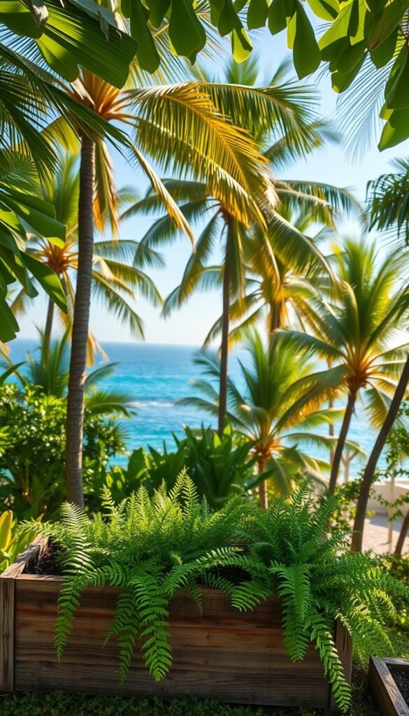 A lush coastal scene with vibrant tropical foliage. In the foreground, a collection of verdant plants and ferns cascade over a weathered wooden planter box. In the middle ground, towering palms sway gently in a soft ocean breeze, their fronds casting dappled shadows on the ground below. In the background, a glimpse of the azure sea and distant horizon, hazy through the humid air. The lighting is warm and golden, filtering through the leaves to create a tranquil, sun-dappled atmosphere. Shot with a wide-angle lens to capture the depth and grandeur of the tropical oasis, lending an immersive quality to the scene. A lush coastal scene with vibrant tropical foliage. In the foreground, a collection of verdant plants and ferns cascade over a weathered wooden planter box. In the middle ground, towering palms sway gently in a soft ocean breeze, their fronds casting dappled shadows on the ground below. In the background, a glimpse of the azure sea and distant horizon, hazy through the humid air. The lighting is warm and golden, filtering through the leaves to create a tranquil, sun-dappled atmosphere. Shot with a wide-angle lens to capture the depth and grandeur of the tropical oasis, lending an immersive quality to the scene.