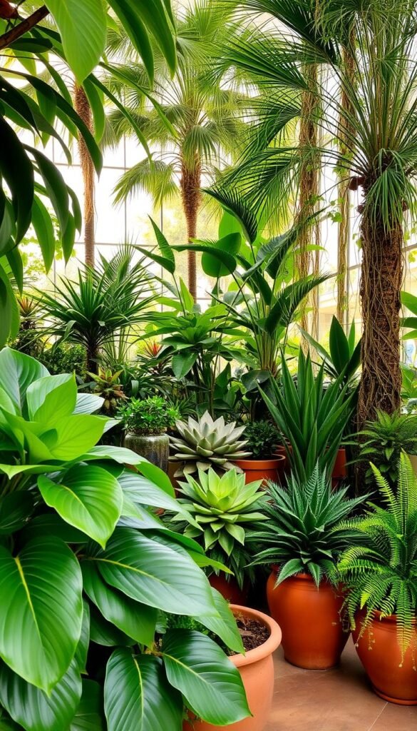A lush, verdant indoor oasis, brimming with a diverse array of thriving potted plants. In the foreground, large-leafed tropical foliage cascades gracefully, casting soft, dappled shadows on the earthy terracotta pots. The middle ground features a variety of sculptural succulents and ferns, their textures and shades of green creating a harmonious symphony. In the background, towering palms and trailing vines frame the scene, filtering the warm, natural light streaming through large windows. The overall atmosphere is one of tranquility and understated elegance, inviting the viewer to immerse themselves in this verdant, serene sanctuary.