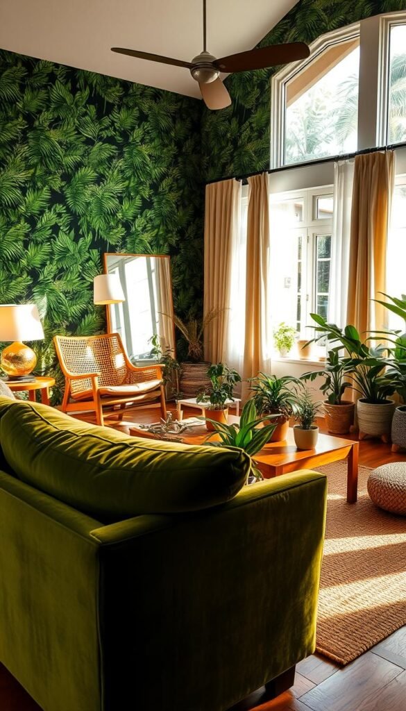 A lush, verdant living room bathed in natural light, with a focus on textural and patterned elements. In the foreground, a plush, velvet-upholstered sofa in a deep, earthy green hue, its surface reflecting the warm glow from overhead. Behind it, a mid-century modern armchair with a woven cane back, complementing the organic textures. The walls feature a bold, tropical leaf-patterned wallpaper, creating a captivating visual backdrop. In the middle ground, a low, wooden coffee table displays a variety of potted plants, their leaves casting dynamic shadows on the floor. Interspersed throughout the room, a mix of textiles - a tufted area rug, throw pillows, and curtains - add depth and visual interest. The lighting, a combination of floor lamps and natural illumination from large windows, casts a soft, diffused glow, enhancing the lush, tranquil atmosphere.
