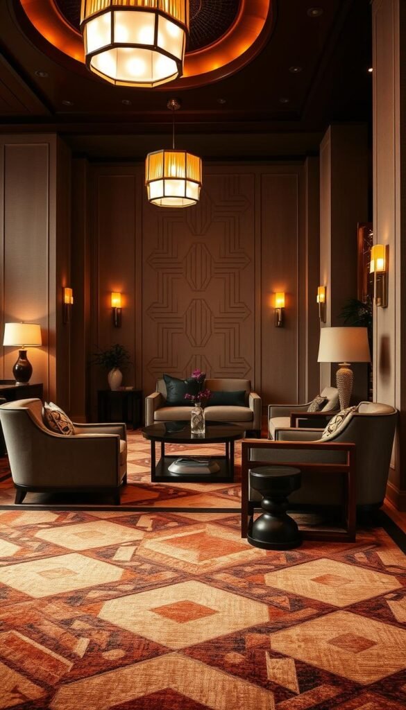 A luxurious Art Deco inspired interior with a captivating geometric patterned rug in the foreground. The rug features bold, angular designs in a rich palette of earthy tones, anchoring the space with a sense of timeless elegance. Warm, diffused lighting casts a soft glow, highlighting the intricate details and plush, high-quality materials. The middle ground showcases sleek, curved furniture pieces in dark wood and brass accents, complementing the rug's vintage aesthetic. In the background, a feature wall displays a subtle Art Deco inspired wall treatment, adding depth and visual interest to the overall design. The atmosphere evokes a mood of refined sophistication and vintage luxury.