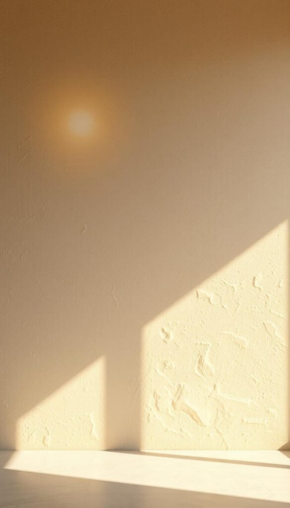 A luxurious Mediterranean-inspired plaster-textured wallpaper, featuring a softly mottled base in warm ivory tones. Subtle undulating patterns across the surface create a sense of depth and movement, evoking the weathered charm of aged stucco walls. Dramatic chiaroscuro lighting casts dramatic shadows, adding depth and visual interest. Lens flare and soft, diffused illumination from windows bathe the scene in a golden glow, lending an atmospheric, sun-drenched ambiance. The overall aesthetic is one of refined elegance and timeless Mediterranean style.