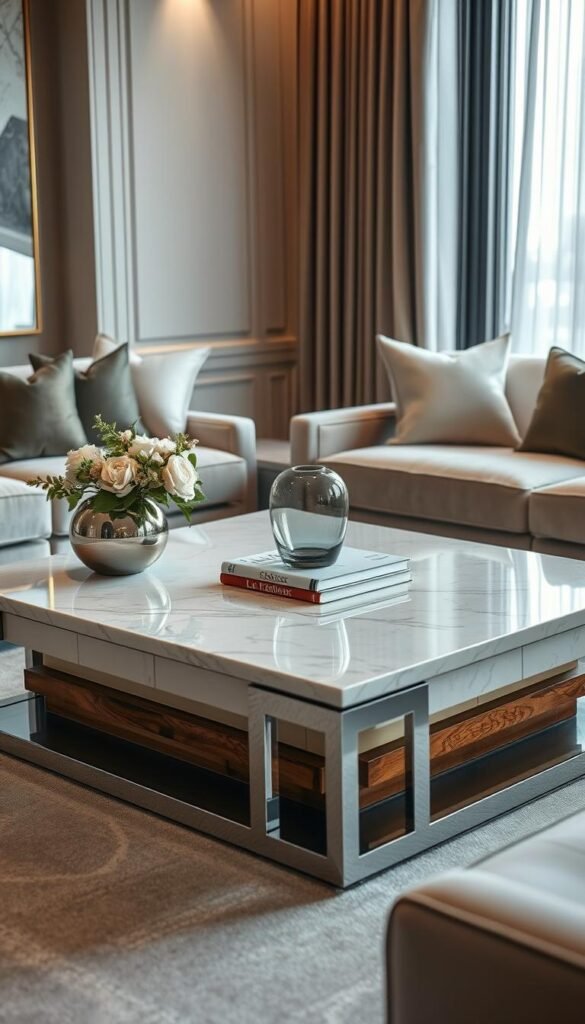 A luxurious and elegantly styled center table, the centerpiece of a refined living room. Crafted from premium materials like polished marble, gleaming chrome, and warm wood accents. Topped with artfully curated decorative elements - a sculptural vase, a book, and a tasteful floral arrangement. Soft, ambient lighting casts a gentle glow, enhancing the table's reflective surfaces and creating an atmosphere of understated sophistication. The table's clean, geometric lines and impeccable craftsmanship draw the eye, defining the room's aspirational, high-end aesthetic. Plush, neutral-toned furnishings in the background provide a harmonious, elevated setting, allowing the center table to shine as the focal point that elevates the entire living space.